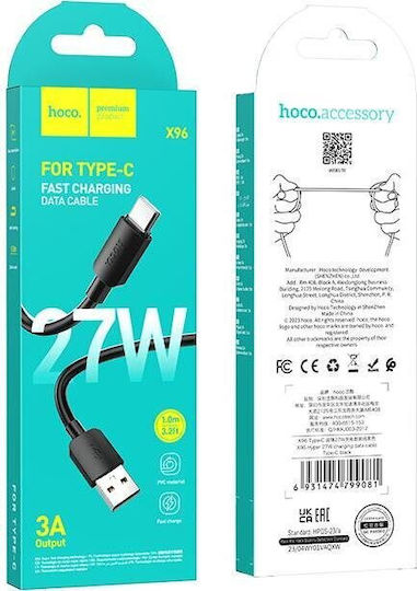 Hoco Кабел USB Type-C 2.0 USB-C мъжки - USB-A 27W Захранване PD Черен 1м HC-X96TBK