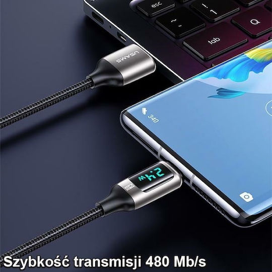 Usams US-SJ544 Braided LED USB 2.0 Cable USB-C Male - USB-A 66W PD Black 1.2m