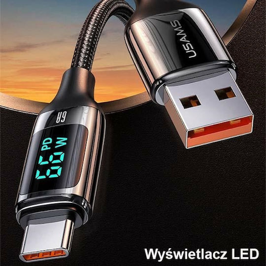 Usams US-SJ544 Braided LED USB 2.0 Cable USB-C Male - USB-A 66W PD Black 1.2m