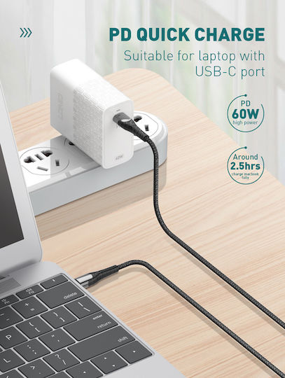Ldnio LC102 Плетена USB 2.0 Кабел USB-C мъжки - USB-C мъжки 65W Сив 2м