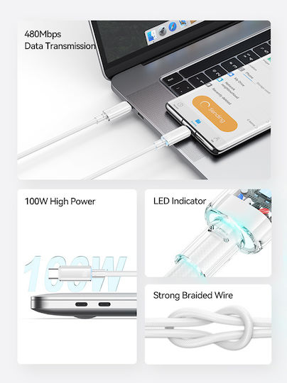 Usams US-SJ660 Braided LED USB 2.0 Cable USB-C Male - USB-C 100W PD White 1.2m