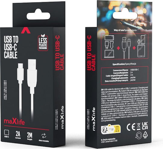 Maxlife USB 2.0 Cable USB-C male - USB-A Λευκό 2m MAXLIFETYPEC2