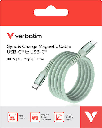 Verbatim Braided / Magnetic / Spiral USB 2.0 Cable USB-C Male - USB-C 100W PD Green 1.2m 31855