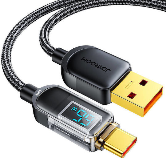 Joyroom S-AC066A16 Braided / LED USB 2.0 Cable USB-C Male - USB-A 66W PD Black 1.2m