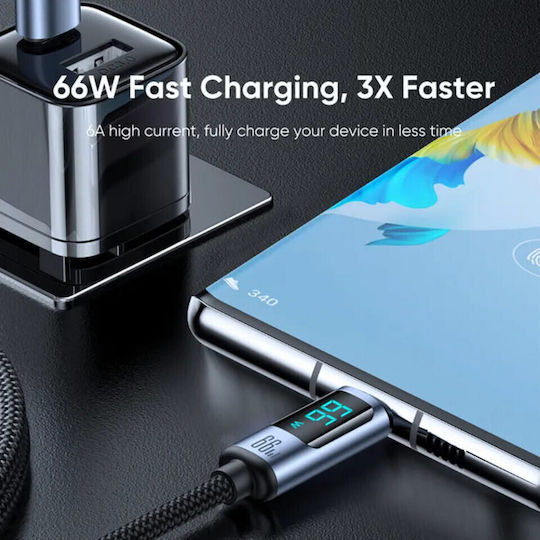 Joyroom S-AC066A16 Braided / LED USB 2.0 Cable USB-C Male - USB-A 66W PD Black 1.2m