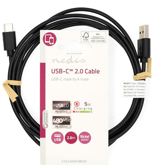 Nedis USB 2.0 Cable USB-C male - USB-A 15W Black 2m (CCGL60601BK20) Bulk