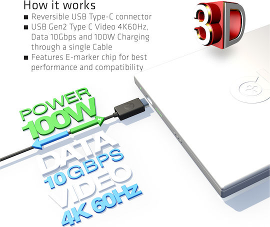 Club3D CAC-1522 USB 3.1 Video Cable USB-C male - USB-C 100W PD Μαύρο 0.8m CAC-1522