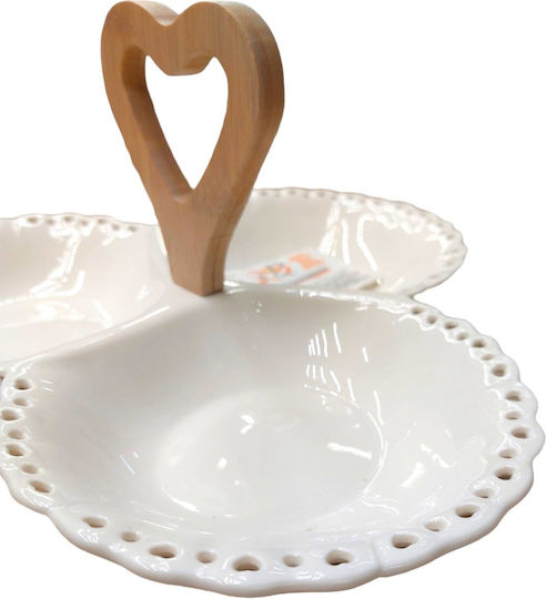 White Porcelain Dessert Tower Stand with 3 Sections Wooden Heart 26x14cm