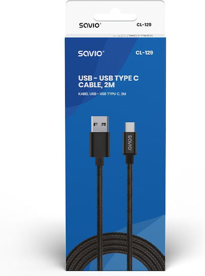 Savio Braided USB 2.0 Cable USB-C Male - USB-A Black 2m CL-129