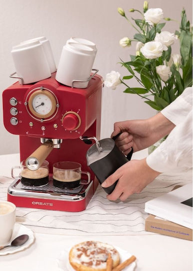 Create Thera Retro Espressomaschine 1100W Druck 20bar für Cappuccino Rot