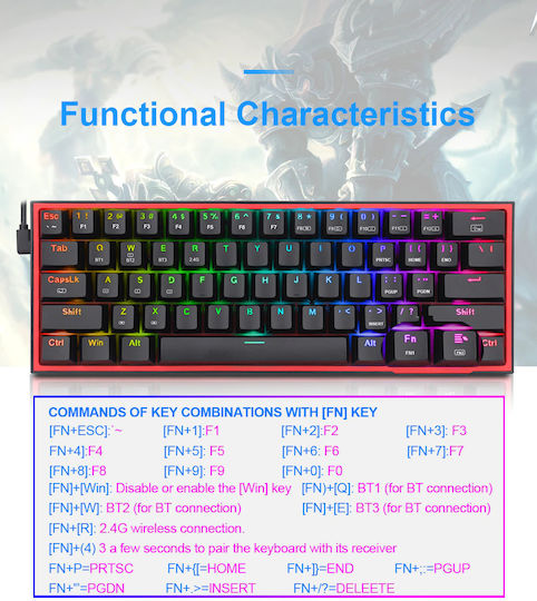 Redragon K616 RGB Fizz Pro Ασύρματο Gaming Μηχανικό Πληκτρολόγιο Tenkeyless με Custom Red διακόπτες και RGB φωτισμό (Αγγλικό US)