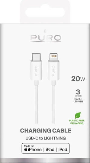 Puro Редовна USB-C към Lightning кабел 20W Бял 3м
