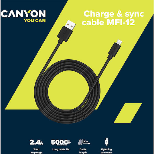 Canyon Lightning Cable Mfi-12 26mb/s 5V/2.4A Apple Certified 2m Length Black
