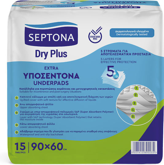Septona Dry Plus Incontinence Underpads with 5 Protection Layers 60x90cm 15pcs