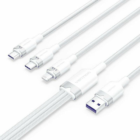 Vention Плетен USB към Lightning / Type-C / micro USB Кабел 2A Бял 1.5м CTRWG