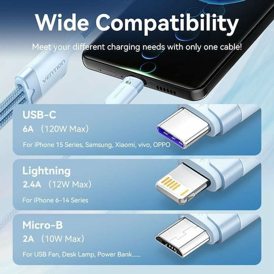 Vention Braided USB to Lightning / Type-C / micro USB Cable 2A Μαύρο 1.5m CTRBG