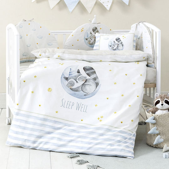 Nima Set Copertă de Pătuț cu Față de Pernă Sleepy Racoon White, Light Blue 110x145cm.