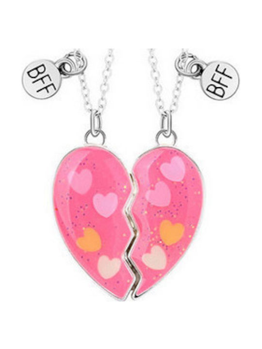 Handgefertigtes Freundschafts-Kinderhalskettenset 2-teilig Silbern Metallisch Rosa Intensive Herz Sternchen Best Friends Forever Beste Freunde Freundinnen Immer Tatu Moyo