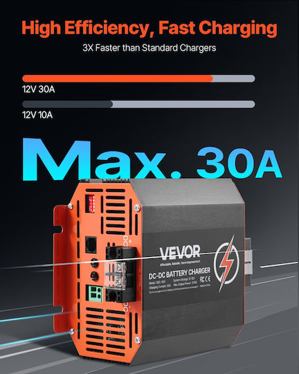 Vevor Battery Charger 12V 30A DC DC 375W On-board Lead-acid Lithium AGM Gel Flooded Smart Charging Multi-stage RV Professional Vehicles Boats Yachts