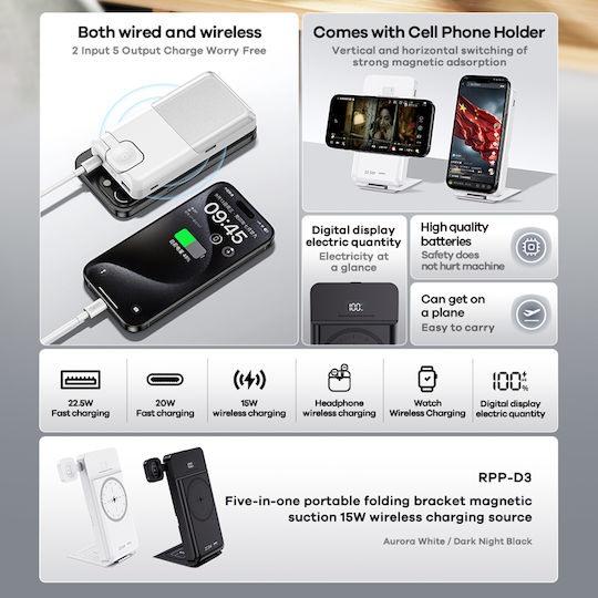 Remax RPP-D3 Power Bank 10000mAh 15W με Θύρα USB-A και Θύρα USB-C Power Delivery Λευκό