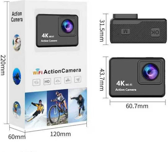 V22 128GB Action Camera 4K Ultra HD Υποβρύχια (με Θήκη) με Οθόνη 2" και Wi-Fi Μαύρη