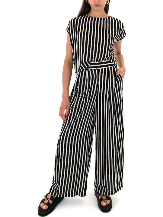 Damen Hoch tailliert Stoff Hose in Weiter Linie Gestreift Ecru-black