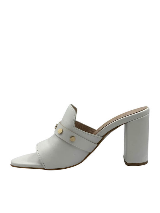 Leather Mules with High Heel in White Color