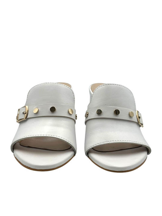 Leather Mules with High Heel in White Color