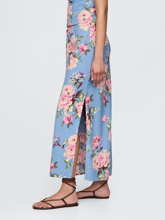 Λινή Ψηλόμεση Midi Φούστα Floral Blue Multi Floral