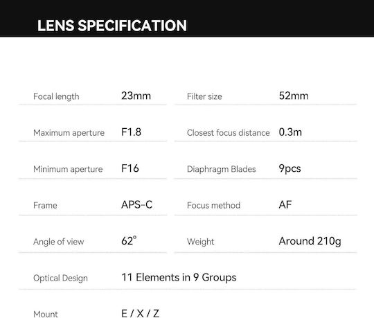 TTArtisan Crop Camera Lens AF 23mm f/1.8 for Sony E Mount Black