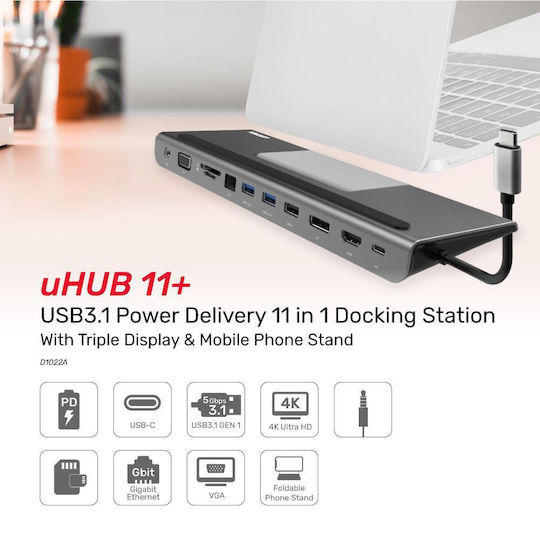 Unitek USB-C Docking Station με HDMI/DisplayPort 4K PD και σύνδεση 2 Οθονών Ασημί (D1022A)