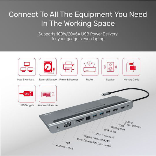 Unitek USB-C Docking Station με HDMI/DisplayPort 4K PD και σύνδεση 2 Οθονών Ασημί (D1022A)