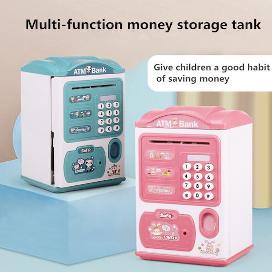 Cutie de Bani pentru Copii Tip Seif Atm cu Parolă Amprentă Digitală și Contor de Monede Albastru Deschis