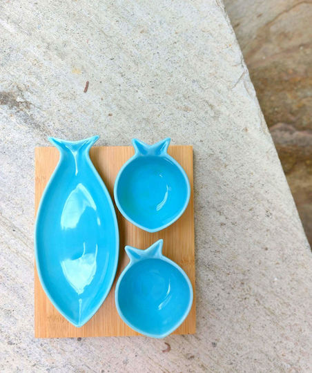 Marva Ceramic Dessert Divided Serving Tray with 3 Slots Turquoise 19.5x16.5cm 3pcs