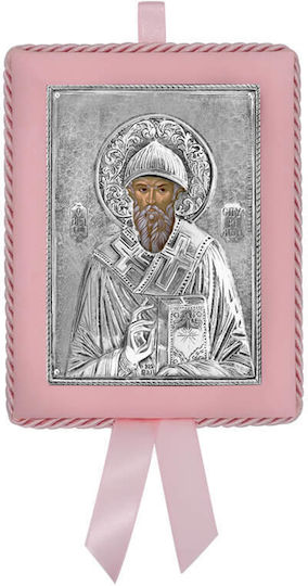 Silver Saint Icon Newborn Girl Saint Spyridon 14.5x11.5cm