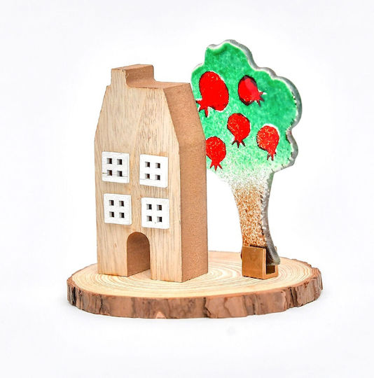 Handgefertigte Komposition ''Kallisti'' Tischdekoration Haus-Baum Stamm 13,5 cm Beige-Braun-Grün