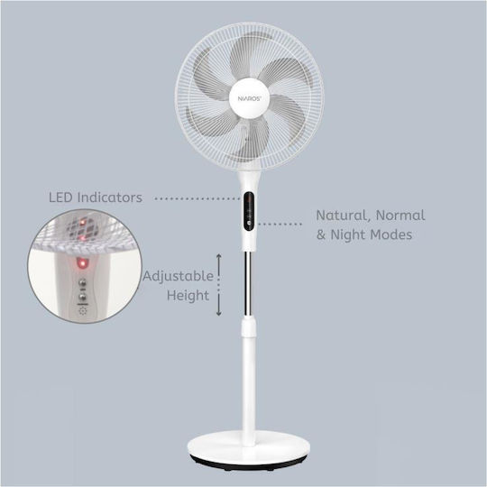 Niaros Sortino Ανεμιστήρας Ορθοστάτης 65W Διαμέτρου 43cm με Τηλεχειριστήριο Λευκός