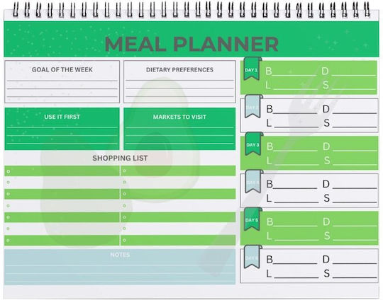 Agenda Planificator de Mese în Engleză Organizator Complet Mese Săptămânale Listă de Cumpărături Spirală 52 Pagini A4 Verde