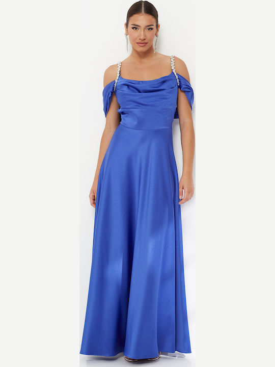 Summer Maxi Dress for Wedding - Christening Drape Satin Blue