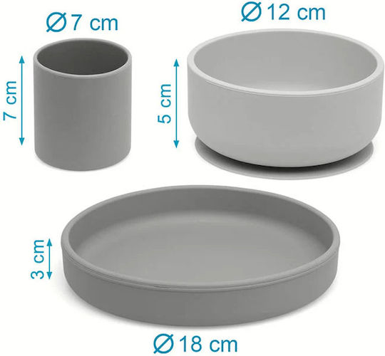 Kiokids Feeding Set made of Silicone with Non-Slip Base Gray 3pcs