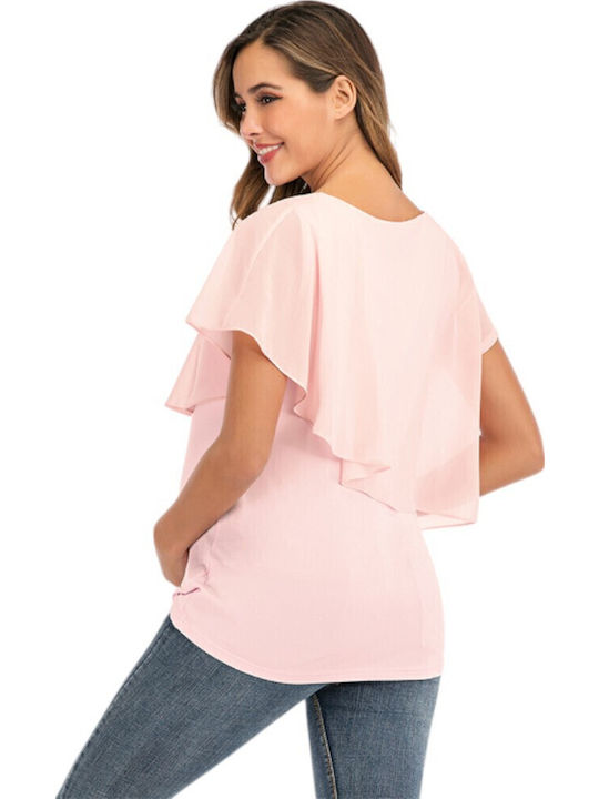 Roz Tricou Maternitate și Alăptare Basic cu Mânecă Scurtă Decolteu Vară 2025 Queen Mother
