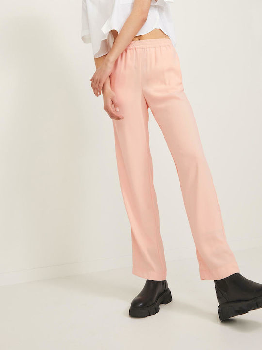 Women's High-waisted Fabric Trousers with Elastic Regular Fit Tropical Peach