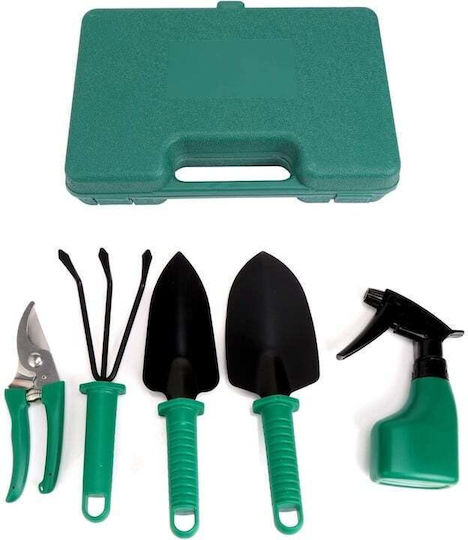 Gardening Tool Set 5 Pieces Storage Transport Box Made Metal Plastic Green