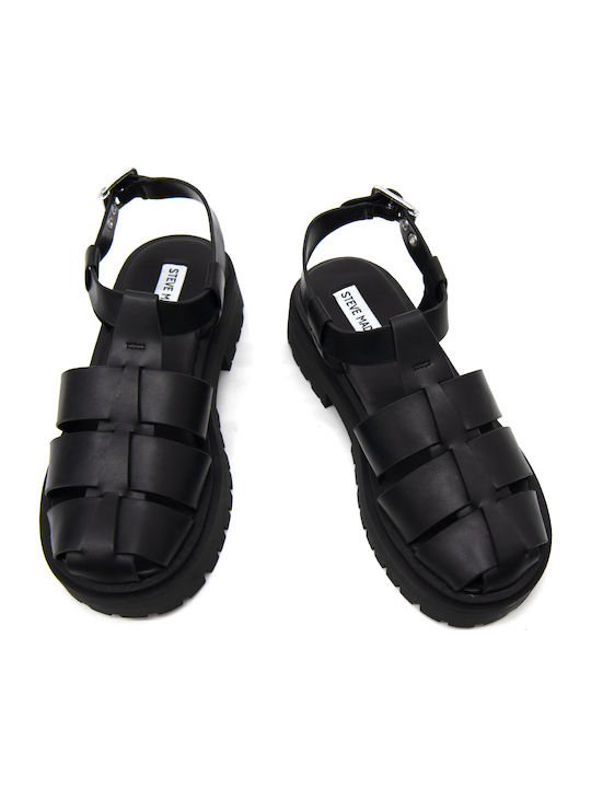 Leather Women's Flat Sandals in Black Color