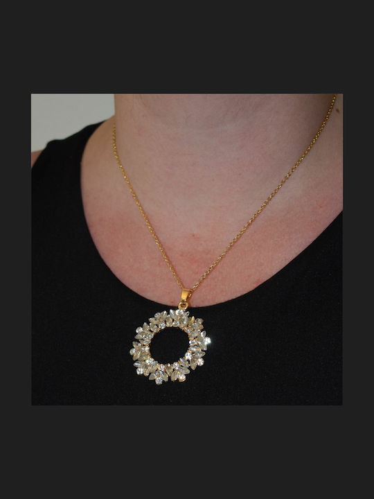 Halskette Aus Stahl Edelstahl Mit Blumen Und Weißen Kristallen Sanftes Gold Bz-nk-00362