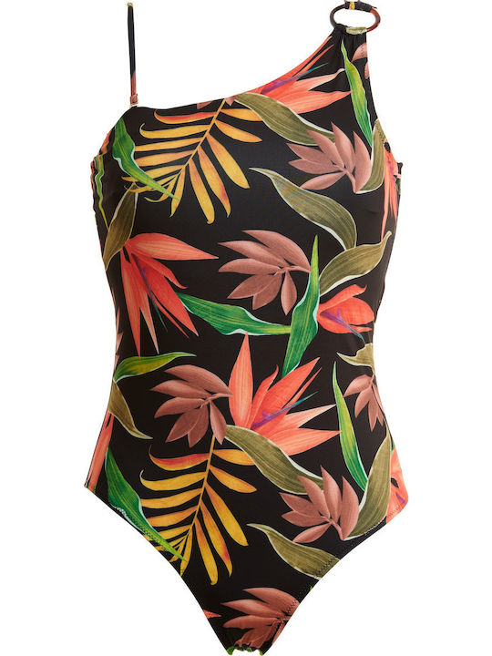 One Piece Swimsuit With One Shoulder Floral Black