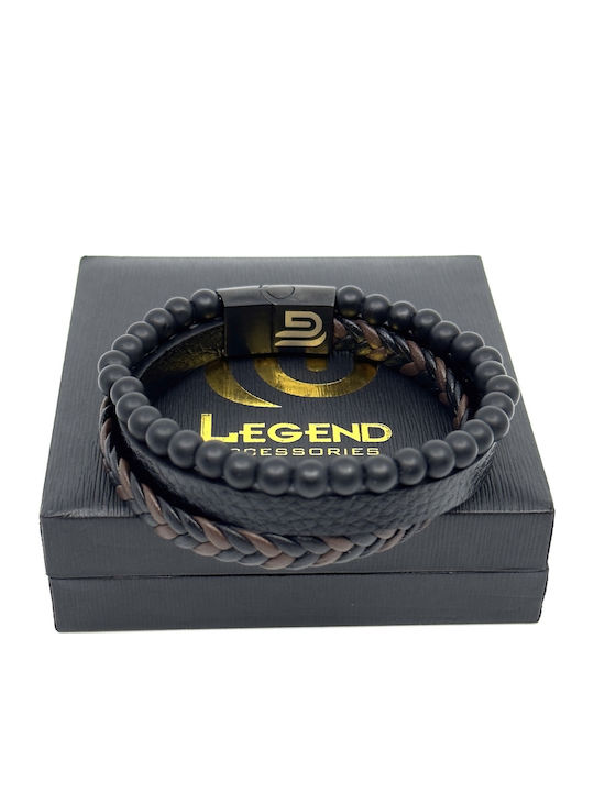 Leather Bracelet Stainless Steel Black Natural Stones