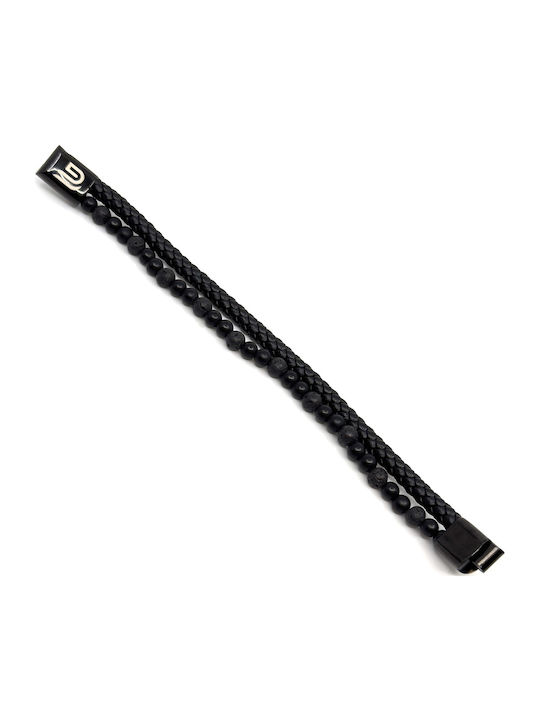 Lederarmband Edelstahl Schwarz Häftige Vulkansteine