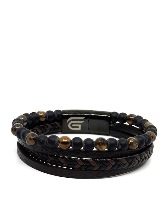 Brown Leather Bracelet Stainless Steel Volcanic Stones