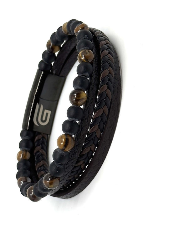Brown Leather Bracelet Stainless Steel Volcanic Stones